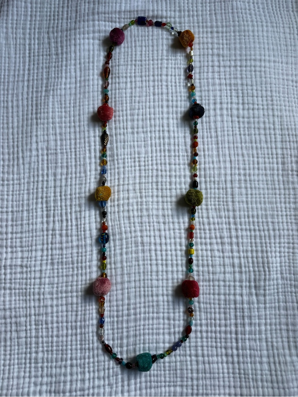 Handmade Multicolor Bead Necklace - Colorful Pom Accent